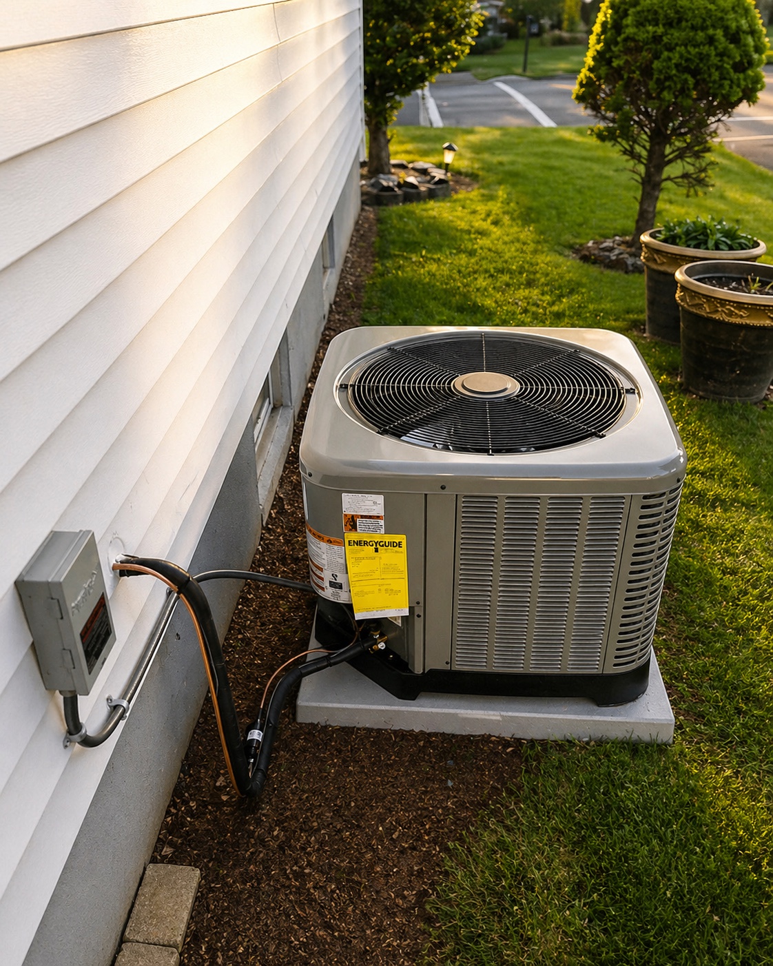 New residential air-conditioning condenser installed beside a home