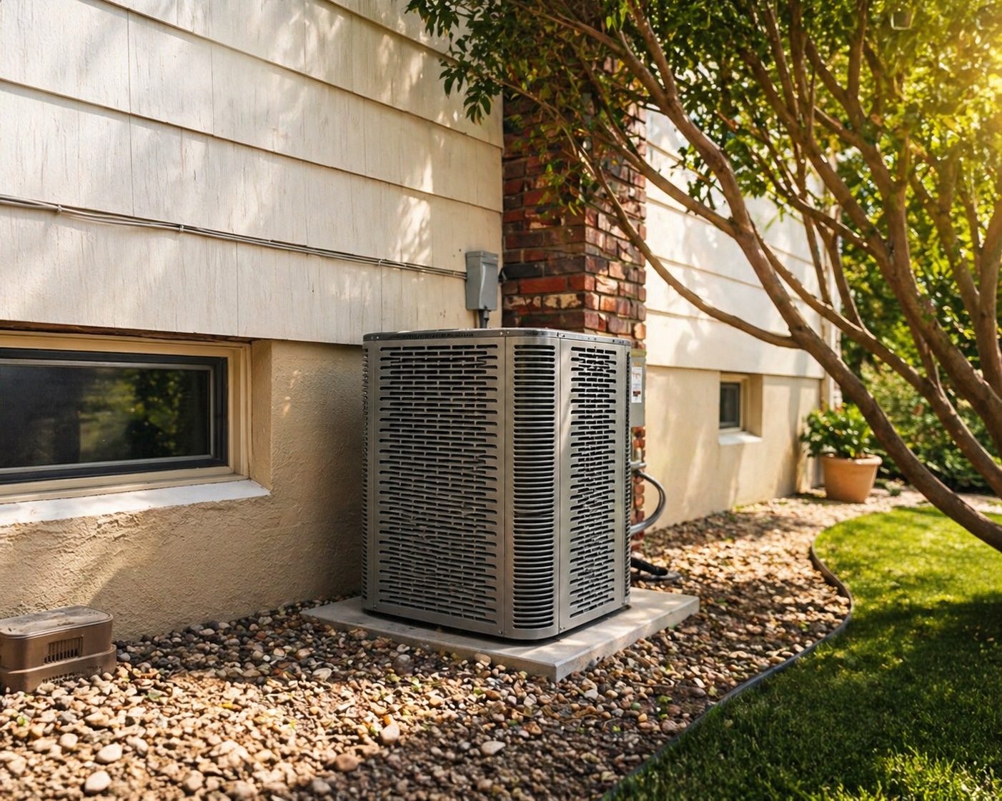 High-efficiency residential outdoor HVAC system on a concrete pad