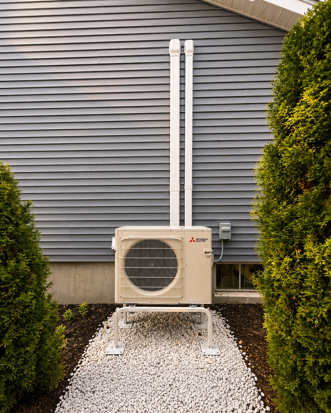 Mitsubishi Electric ductless outdoor unit installed on a raised stand