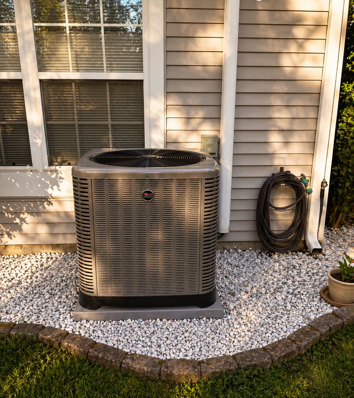 Rheem condenser installed on a level outdoor equipment pad